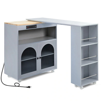 Rolling Kitchen Island with Movable Extended Table on Wheels,LED Lights Power Outlets & Fluted Doors,3 Open Adjustable Shelves