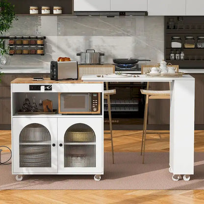 Rolling Kitchen Island with Movable Extended Table on Wheels,LED Lights Power Outlets & Fluted Doors,3 Open Adjustable Shelves