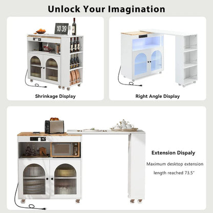 Rolling Kitchen Island with Movable Extended Table on Wheels,LED Lights Power Outlets & Fluted Doors,3 Open Adjustable Shelves