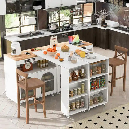 Rolling Kitchen Island with Movable Extended Table on Wheels,LED Lights Power Outlets & Fluted Doors,3 Open Adjustable Shelves