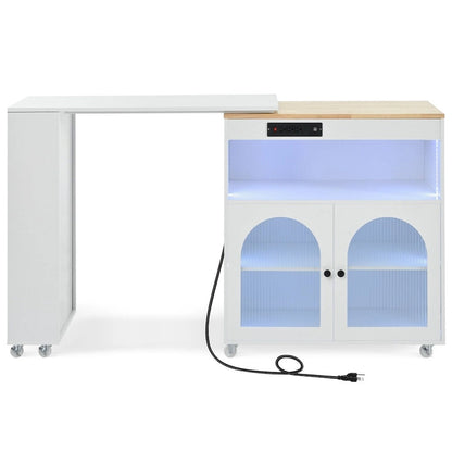 Rolling Kitchen Island with Movable Extended Table on Wheels,LED Lights Power Outlets & Fluted Doors,3 Open Adjustable Shelves