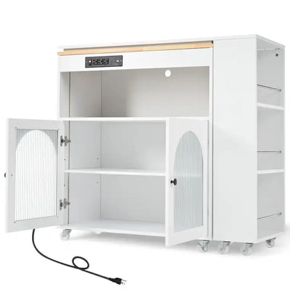 Rolling Kitchen Island with Movable Extended Table on Wheels,LED Lights Power Outlets & Fluted Doors,3 Open Adjustable Shelves