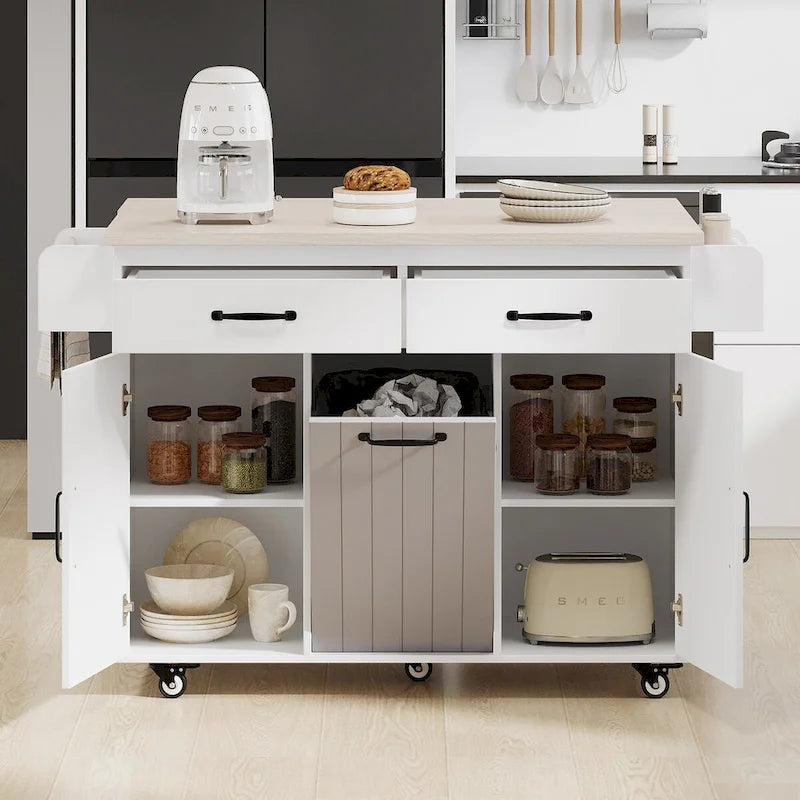 Kitchen Island with Trash Can Storage Cabinet, Drop-Leaf Cart, Spice&Towel Rack, Rolling Cart On Wheels with Adjustable Shelf