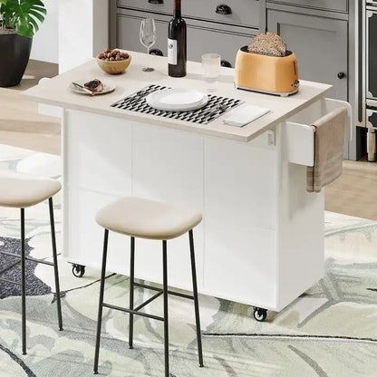 Kitchen Island with Trash Can Storage Cabinet, Drop-Leaf Cart, Spice&Towel Rack, Rolling Cart On Wheels with Adjustable Shelf