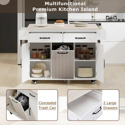 Kitchen Island with Trash Can Storage Cabinet, Drop-Leaf Cart, Spice&Towel Rack, Rolling Cart On Wheels with Adjustable Shelf