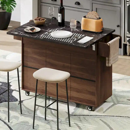 Kitchen Island with Trash Can Storage Cabinet, Drop-Leaf Cart, Spice&Towel Rack, Rolling Cart On Wheels with Adjustable Shelf