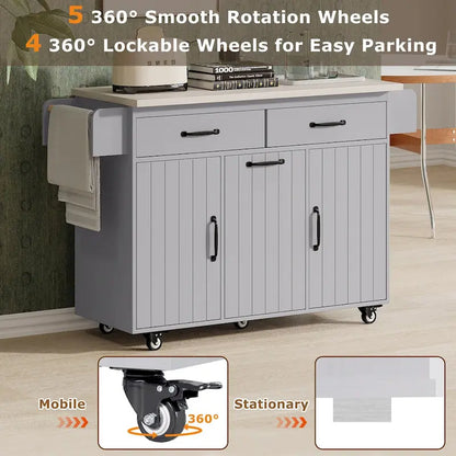 Kitchen Island with Trash Can Storage Cabinet, Drop-Leaf Cart, Spice&Towel Rack, Rolling Cart On Wheels with Adjustable Shelf