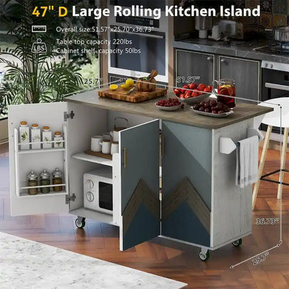 Retro Mountain Wood Kitchen Island with Drop Leaf, Storage Rack