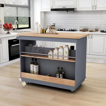 Wood Rolling Kitchen Island with 2 Drawers and 3 Open Compartments
