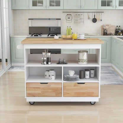 Wood Rolling Kitchen Island with 2 Drawers and 3 Open Compartments