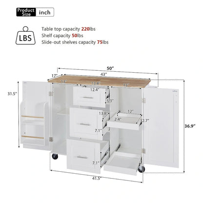 50 in. W Kitchen Island with 3 Drawer, 2 Slide-Out Shelf and Internal Storage Rack
