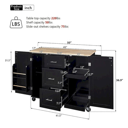 50 in. W Kitchen Island with 3 Drawer, 2 Slide-Out Shelf and Internal Storage Rack