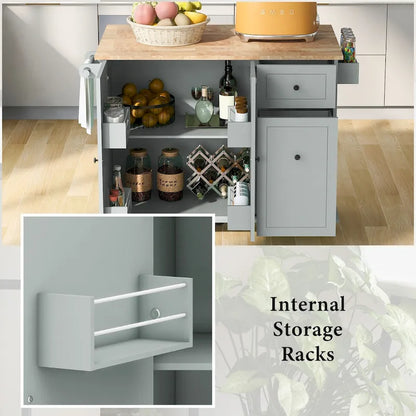 Kitchen Island with Drop Leaf, Rolling Cart on Wheels with Storage Rack and 3 Tier Pull Out Cabinet Organizer with Spice Rack