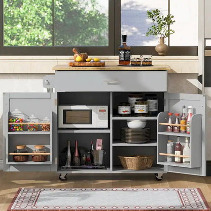 Kitchen Island with Rubber Wood Top, Spacious Drawer, Internal Storage Rack, Wheels