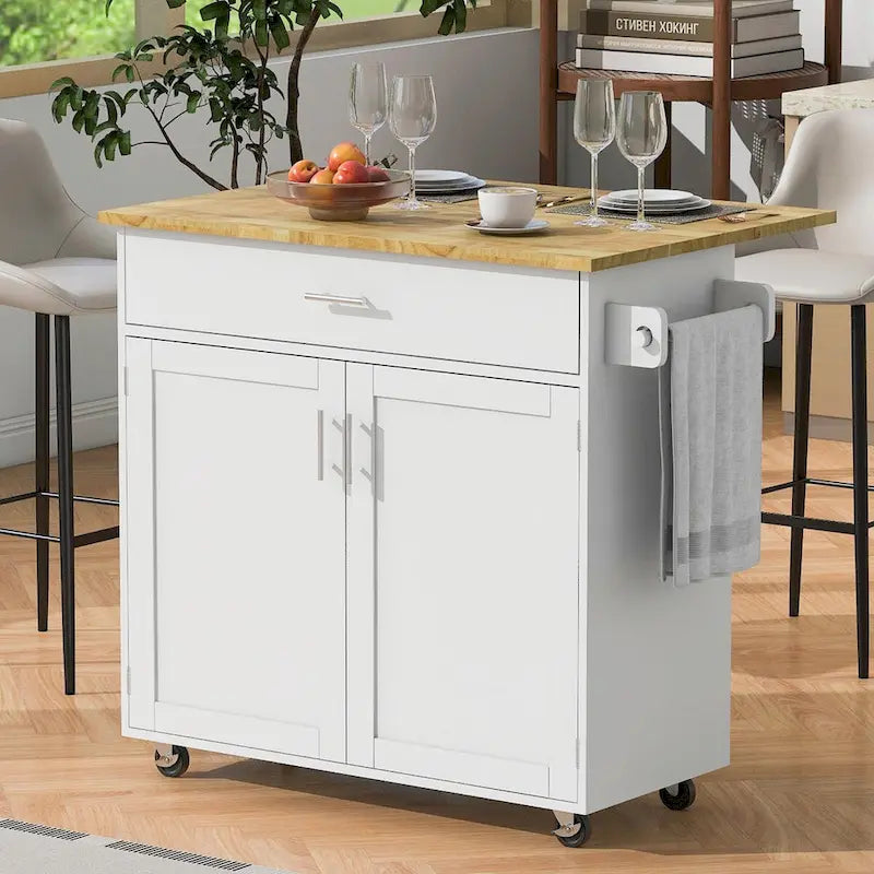 Kitchen Island with Rubber Wood Top, Spacious Drawer, Internal Storage Rack, Wheels