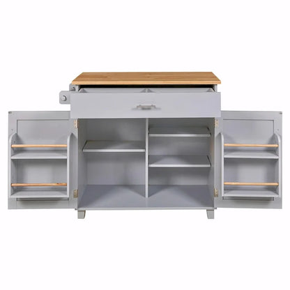 Kitchen Island with Rubber Wood Top, Spacious Drawer, Internal Storage Rack, Wheels
