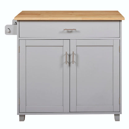 Kitchen Island with Rubber Wood Top, Spacious Drawer, Internal Storage Rack, Wheels