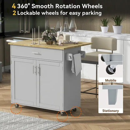 Kitchen Island with Rubber Wood Top, Spacious Drawer, Internal Storage Rack, Wheels