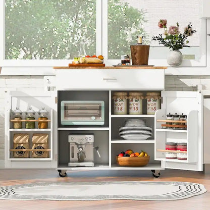 Kitchen Island with Rubber Wood Top, Spacious Drawer, Internal Storage Rack, Wheels