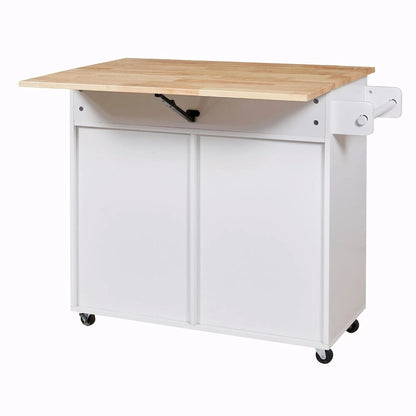 Kitchen Island with Rubber Wood Top, Spacious Drawer, Internal Storage Rack, Wheels
