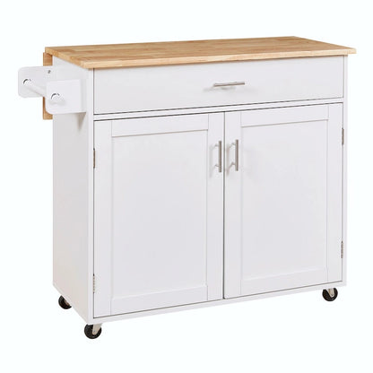 Kitchen Island with Rubber Wood Top, Spacious Drawer, Internal Storage Rack, Wheels