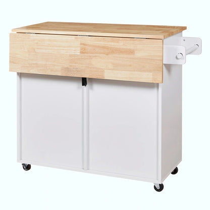 Kitchen Island with Rubber Wood Top, Spacious Drawer, Internal Storage Rack, Wheels