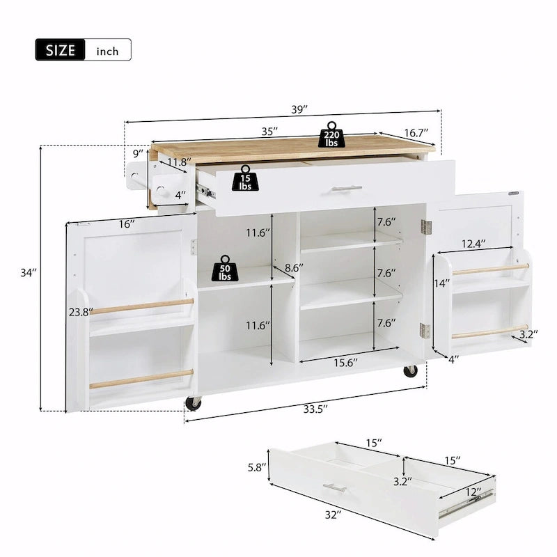 Kitchen Island with Rubber Wood Top, Spacious Drawer, Internal Storage Rack, Wheels