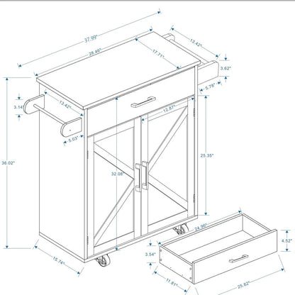 White Rubber Wood Kitchen Cart with Adjustable Shelves, Towel Rack