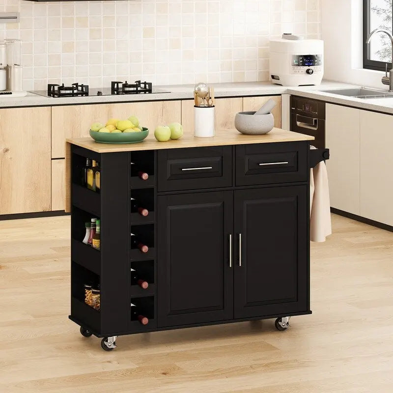 Grondin Multi-Functional Kitchen Island Cart with Solid Wood Drop Leaf, 2 Doors, 2 Drawers,Wine Rack and Spice Rack