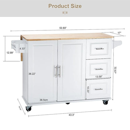 Kitchen Island Cart with Extensible Rubber Wood Top and Locking Wheels