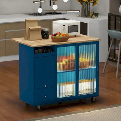 Kitchen Island with Drop Leaf,Light Cart on Wheels with 2 Glass and 1 Flip Cabinet Door,Island Cart with an Shelf and 2 Drawers