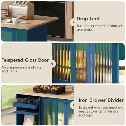 Kitchen Island with Drop Leaf,Light Cart on Wheels with 2 Glass and 1 Flip Cabinet Door,Island Cart with an Shelf and 2 Drawers