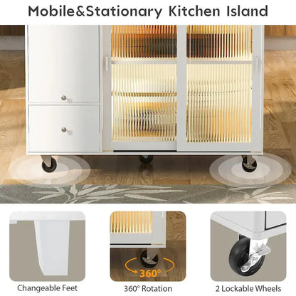 Kitchen Island with Drop Leaf,Light Cart on Wheels with 2 Glass and 1 Flip Cabinet Door,Island Cart with an Shelf and 2 Drawers