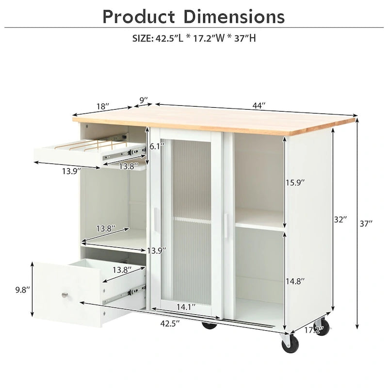 Kitchen Island with Drop Leaf,Light Cart on Wheels with 2 Glass and 1 Flip Cabinet Door,Island Cart with an Shelf and 2 Drawers