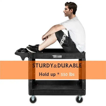 2 Tier Large 550lbs Capacity Shelf Plastic Utility Cart with Wheels Black