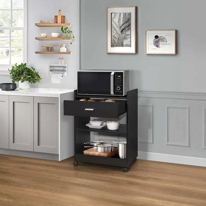 Kitchen Island Microwave Serving Cart Cabinet with Drawer and Shelfs for Storage (Black)