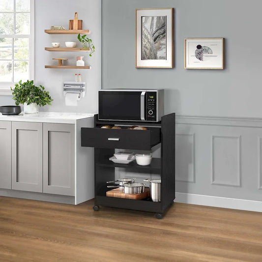 Kitchen Island Microwave Serving Cart Cabinet with Drawer and Shelfs for Storage (Black)