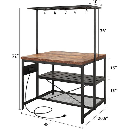 47 3 Tier Kitchen Island Table with Storage Shelf and Hooks - N/A