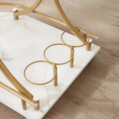 2-Tier Bar Cart on Wheels, Modern Mobile Bar Trolley Serving Cart with Wine Rack, White+Gold