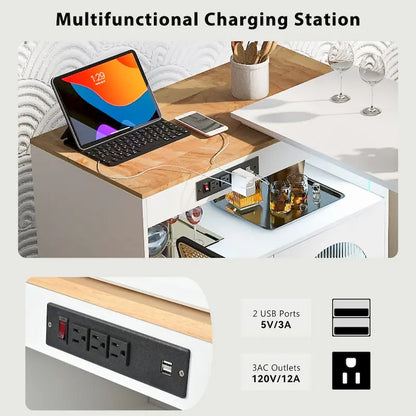 33 in. W Kitchen Island Rubberwood Top on 8 Wheels With Extended Table, LED Lights, Power Outlets