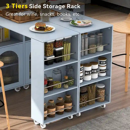 33 in. W Kitchen Island Rubberwood Top on 8 Wheels With Extended Table, LED Lights, Power Outlets
