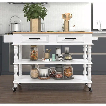 Rolling Kitchen Island Cart with Solid Oak Wood Top, Wine and Spice Rack