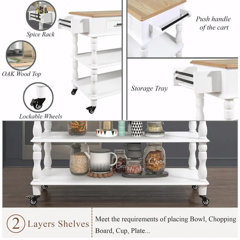 Rolling Kitchen Island Cart with Solid Oak Wood Top, Wine and Spice Rack