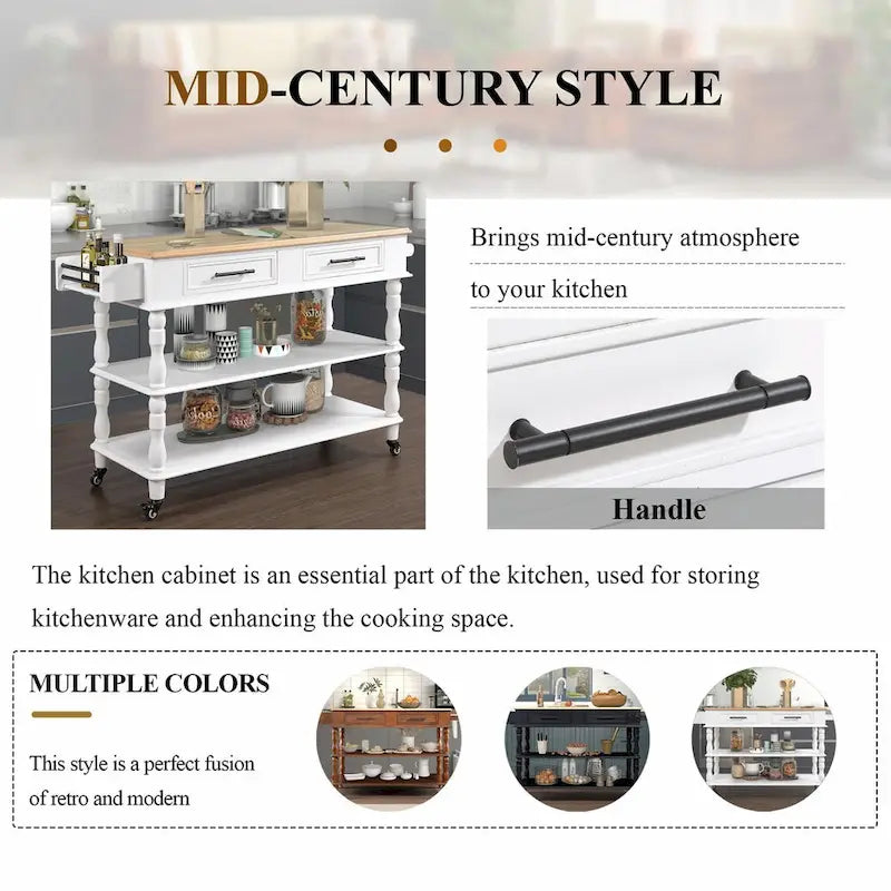 Rolling Kitchen Island Cart with Solid Oak Wood Top, Wine and Spice Rack