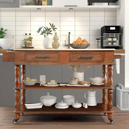 Rolling Kitchen Island Cart with Solid Oak Wood Top, Wine and Spice Rack