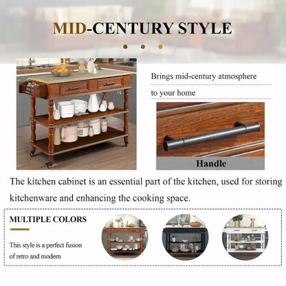 Rolling Kitchen Island Cart with Solid Oak Wood Top, Wine and Spice Rack