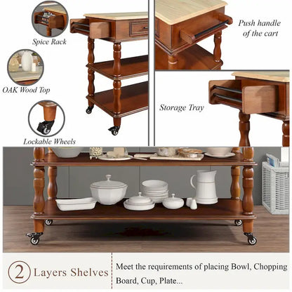 Rolling Kitchen Island Cart with Solid Oak Wood Top, Wine and Spice Rack