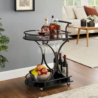 Black Wood Kitchen Cart with Wine Rack & Glass Holder Beverage Cart 2-Tier Mobile Bar Serving Cart Rolling Drink Trolley