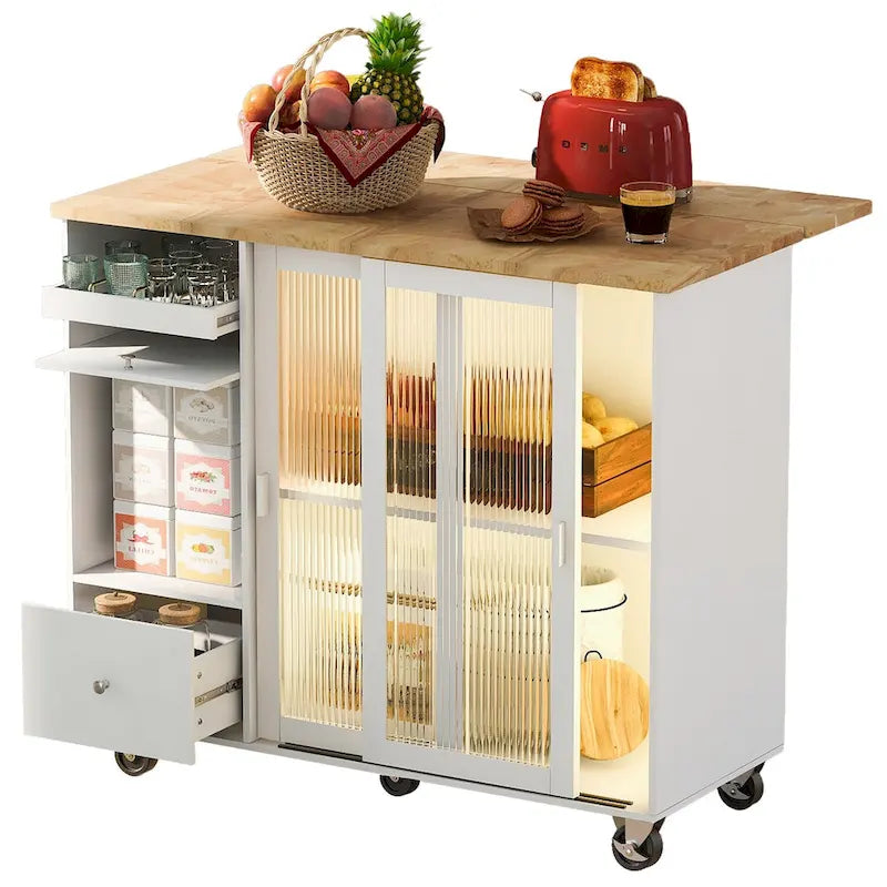 Kitchen Island with Drop Leaf, LED Light