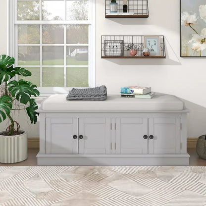Storage Shoes Bench with 4 Doors and Adjustable Shelves, Removable Cushion